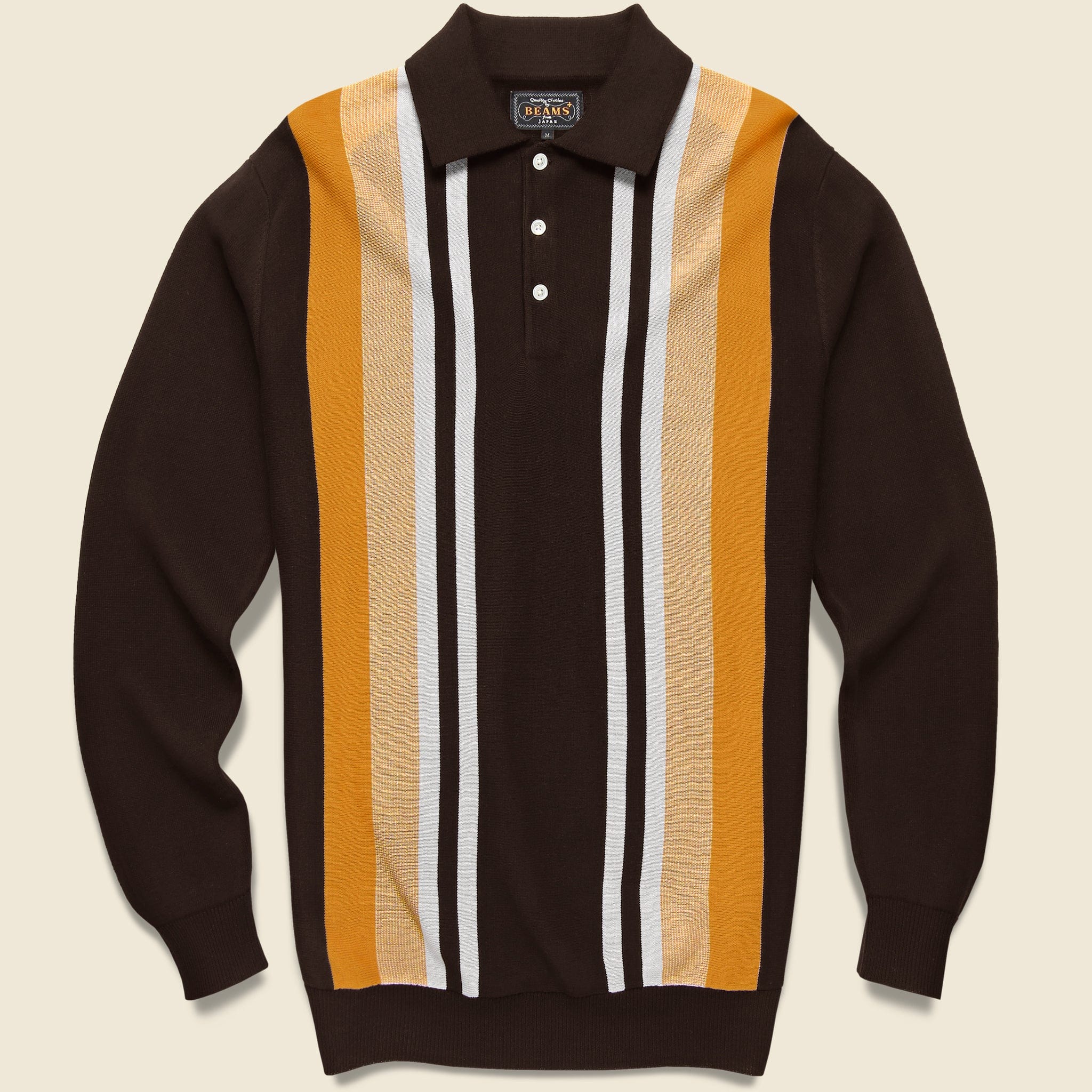 Striped Knit Polo - Brown/Gold/White - BEAMS+ - STAG Provisions - Tops - Sweater