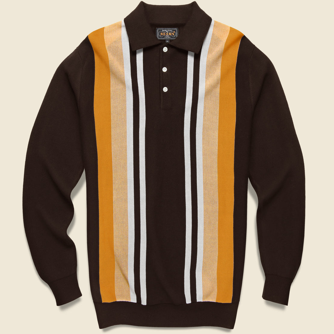 BEAMS+ Striped Knit Polo - Brown/Gold/White