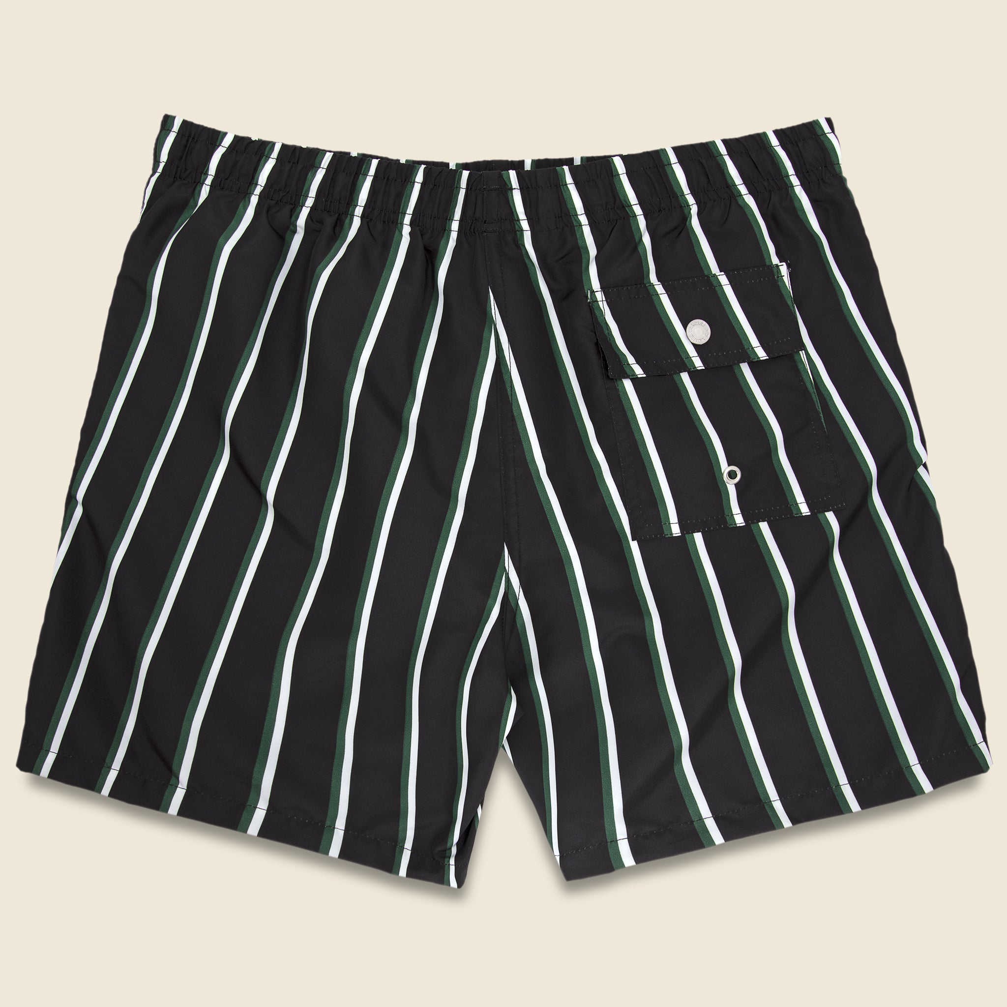 
                          Fine Stripe Swim Trunk - Black/Green/White - Bather - STAG Provisions - Shorts - Swim
                        