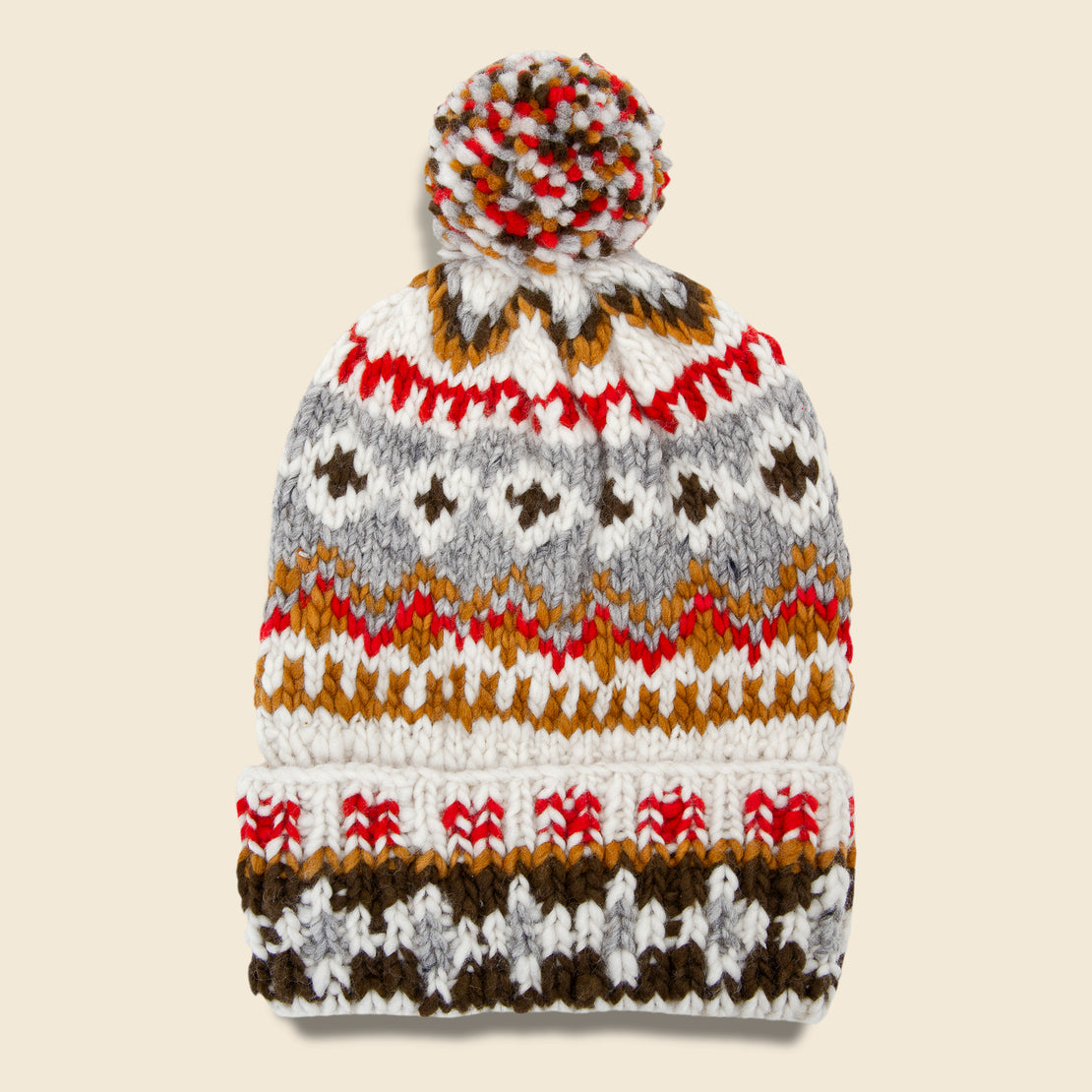 Chamula Double Cuff Fair Isle Beanie - Ivory