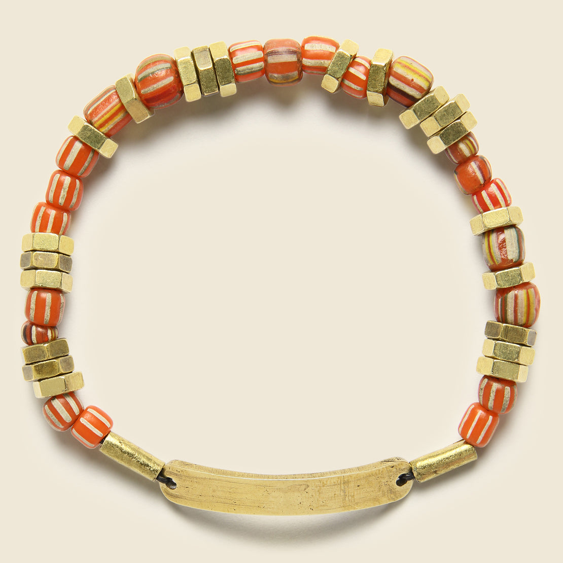 Giles & Brother ID Bar Vintage Striped Beaded Bracelet - Brass/Red