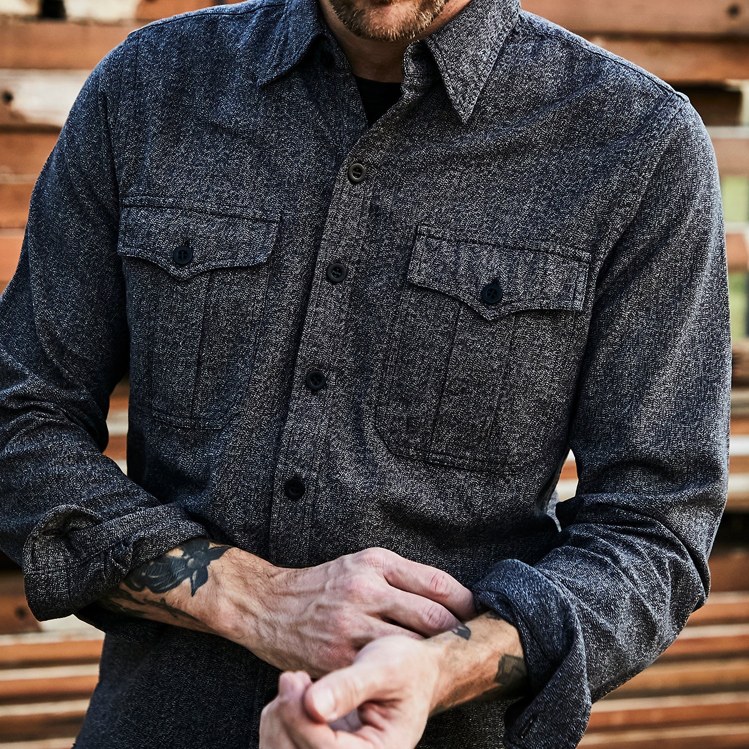 
                          Clayton Military Shirt - Black/Grey Jaspe - RRL - STAG Provisions - Tops - L/S Woven - Other Pattern
                        