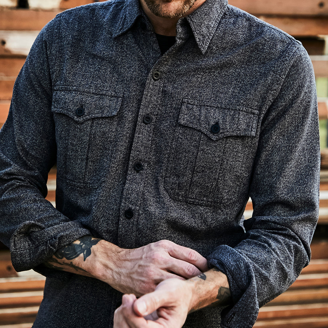 Clayton Military Shirt - Black/Grey Jaspe - RRL - STAG Provisions - Tops - L/S Woven - Other Pattern