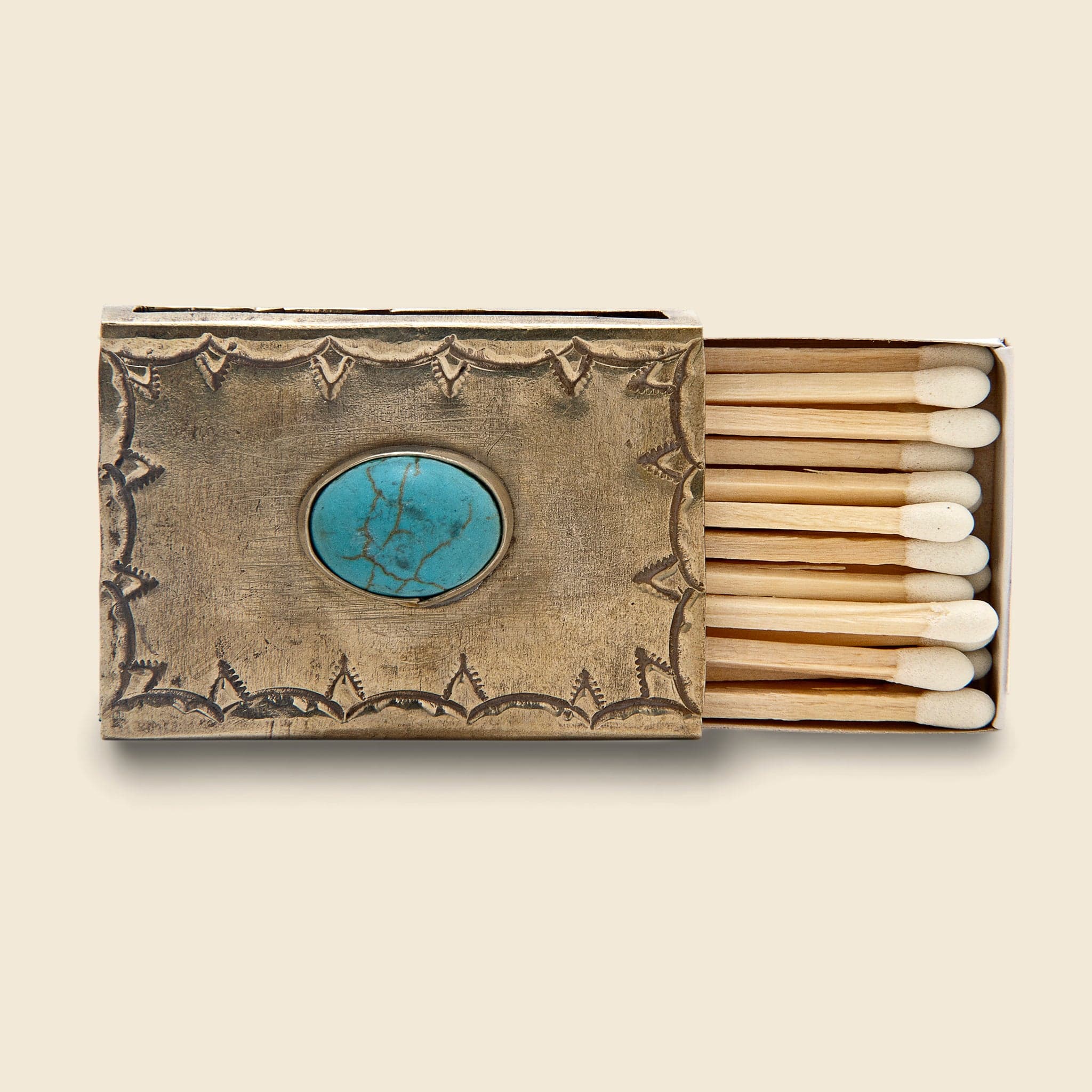 Small Stamped Silver & Turquoise Matchbox Cover