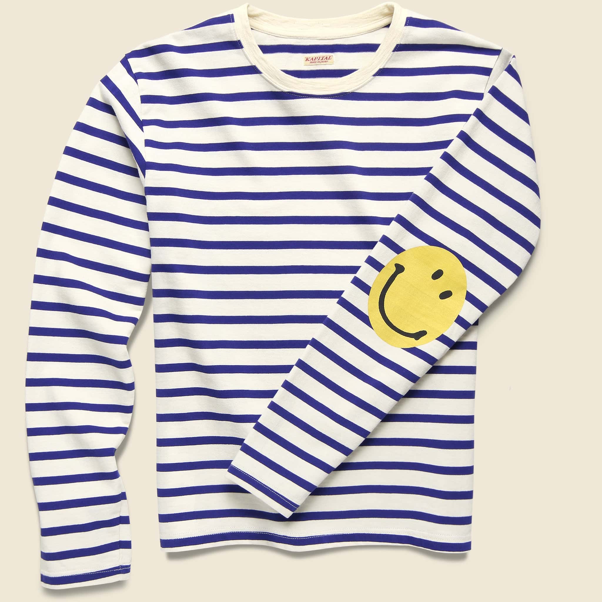 Stripe Jersey Crew Long Sleeve Tee (SMILIE Patch) - Ecru/Blue - Kapital - STAG Provisions - Tops - L/S Tee