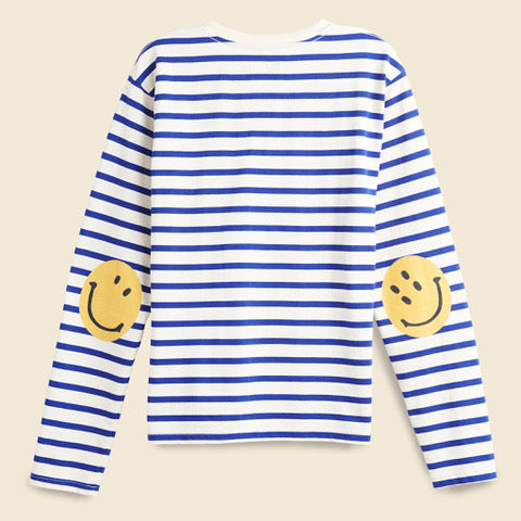 Kapital Smile Patch Stripe Jersey Crew Long Sleeve Tee - Ecru/Blue