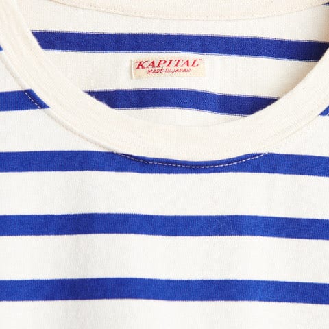 
                          Smile Patch Stripe Jersey Crew Long Sleeve Tee - Ecru/Blue - Kapital - STAG Provisions - W - Tops - L/S Knit
                        