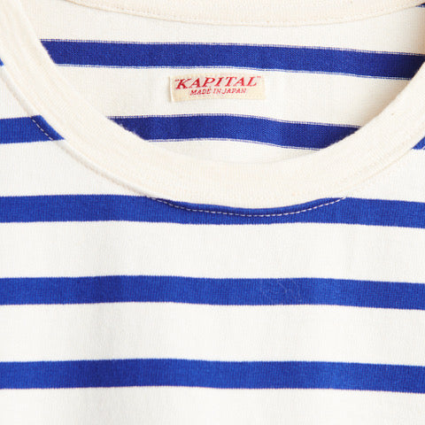 Smile Patch Stripe Jersey Crew Long Sleeve Tee - Ecru/Blue - Kapital - STAG Provisions - W - Tops - L/S Knit