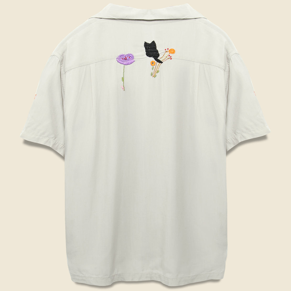 Cat Embroidery Rayon Aloha Shirt - Ecru