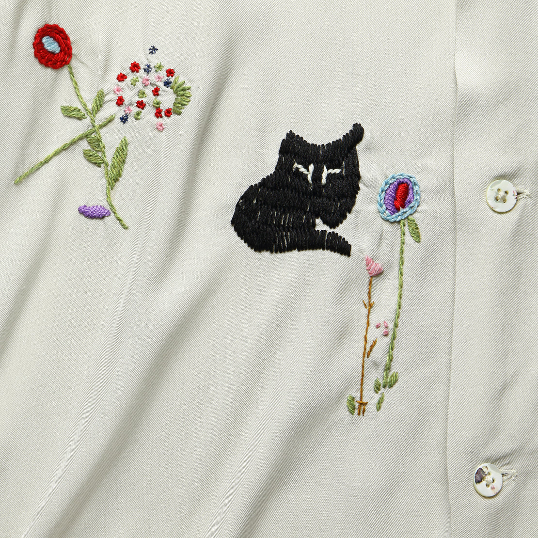 Cat Embroidery Rayon Aloha Shirt - Ecru