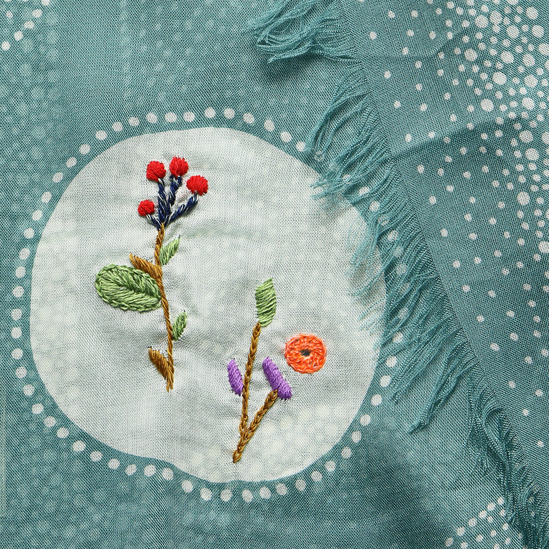 Flower Embroidery Dot Fringe Stole - Turquoise - Kapital - STAG Provisions - W - Accessories - Scarf