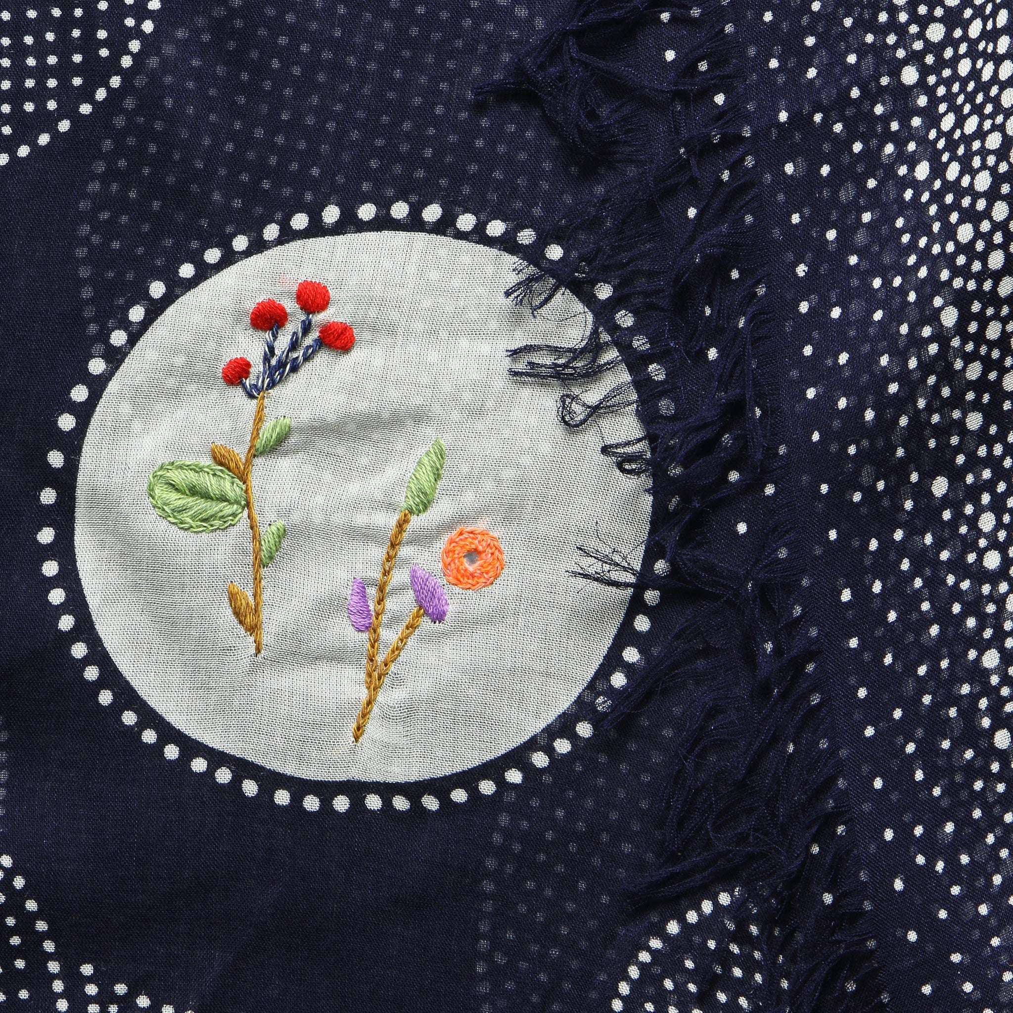 
                          Flower Embroidery Dot Fringe Stole - Navy - Kapital - STAG Provisions - W - Accessories - Scarf
                        