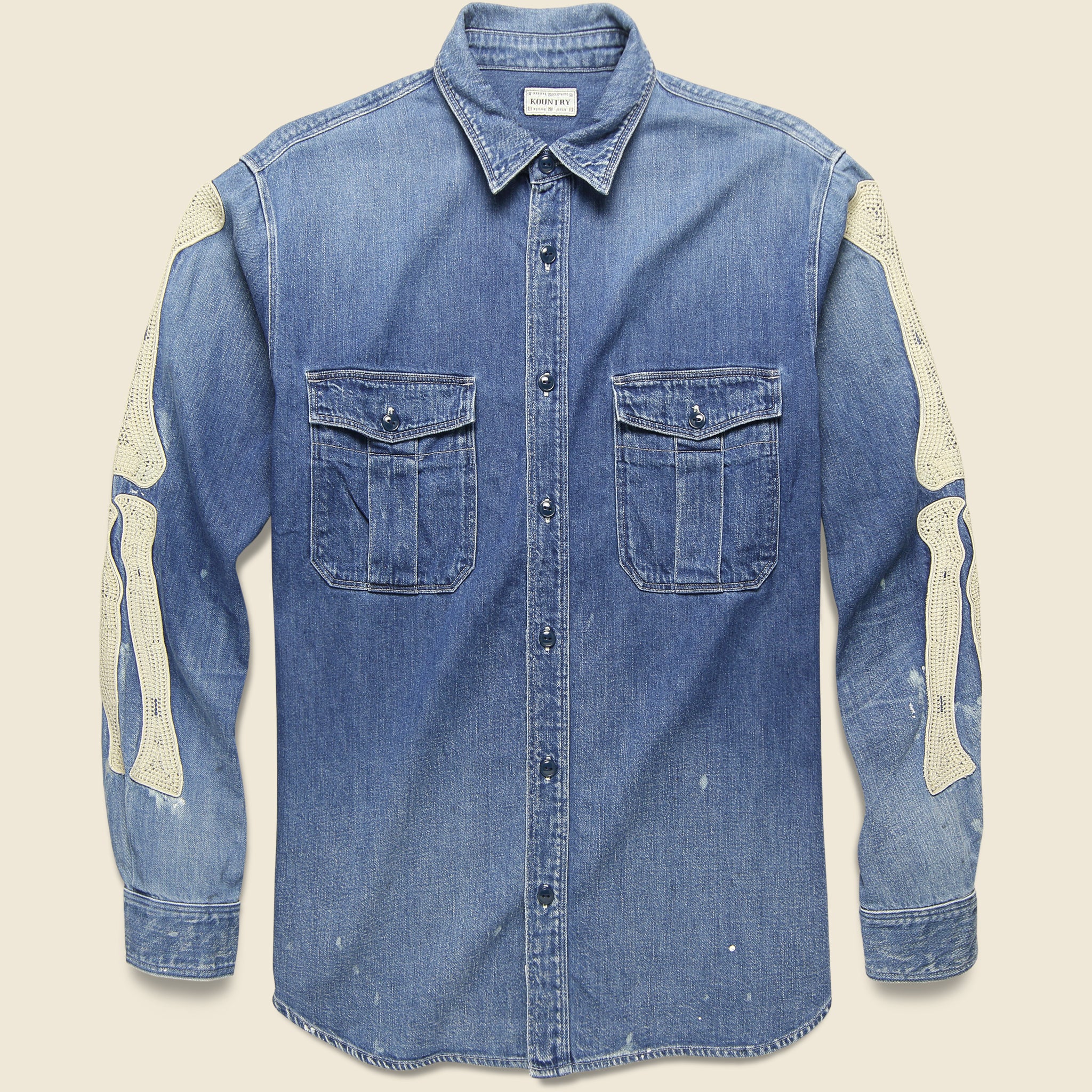 
                          8oz Denim Work Shirt with Bone Embroidery - Indigo - Kapital - STAG Provisions - Tops - L/S Woven - Other Pattern
                        