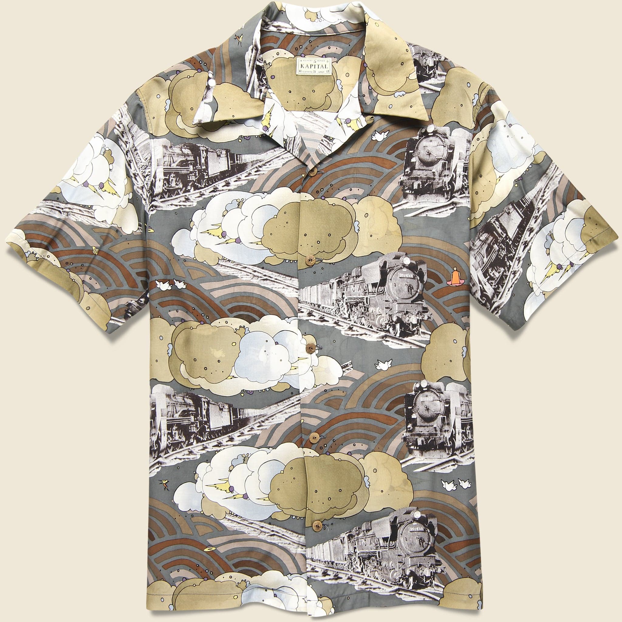 Tibe-Lympic Train Silk Rayon Aloha Shirt - Grey - Kapital - STAG Provisions - Tops - S/S Woven - Other Pattern
