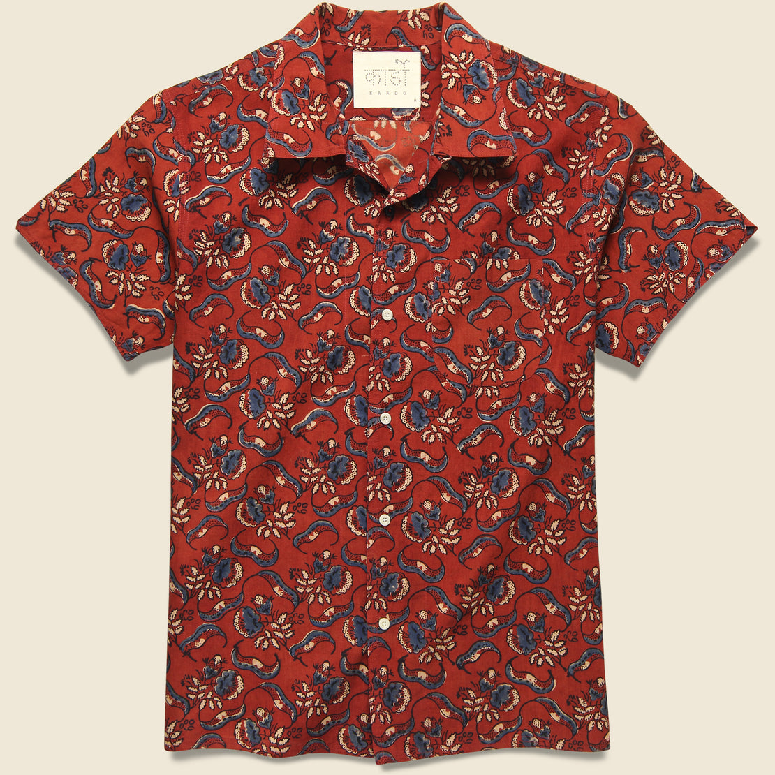 Kardo Chintan Ajrakh Floral Block Print Shirt - Red/Blue