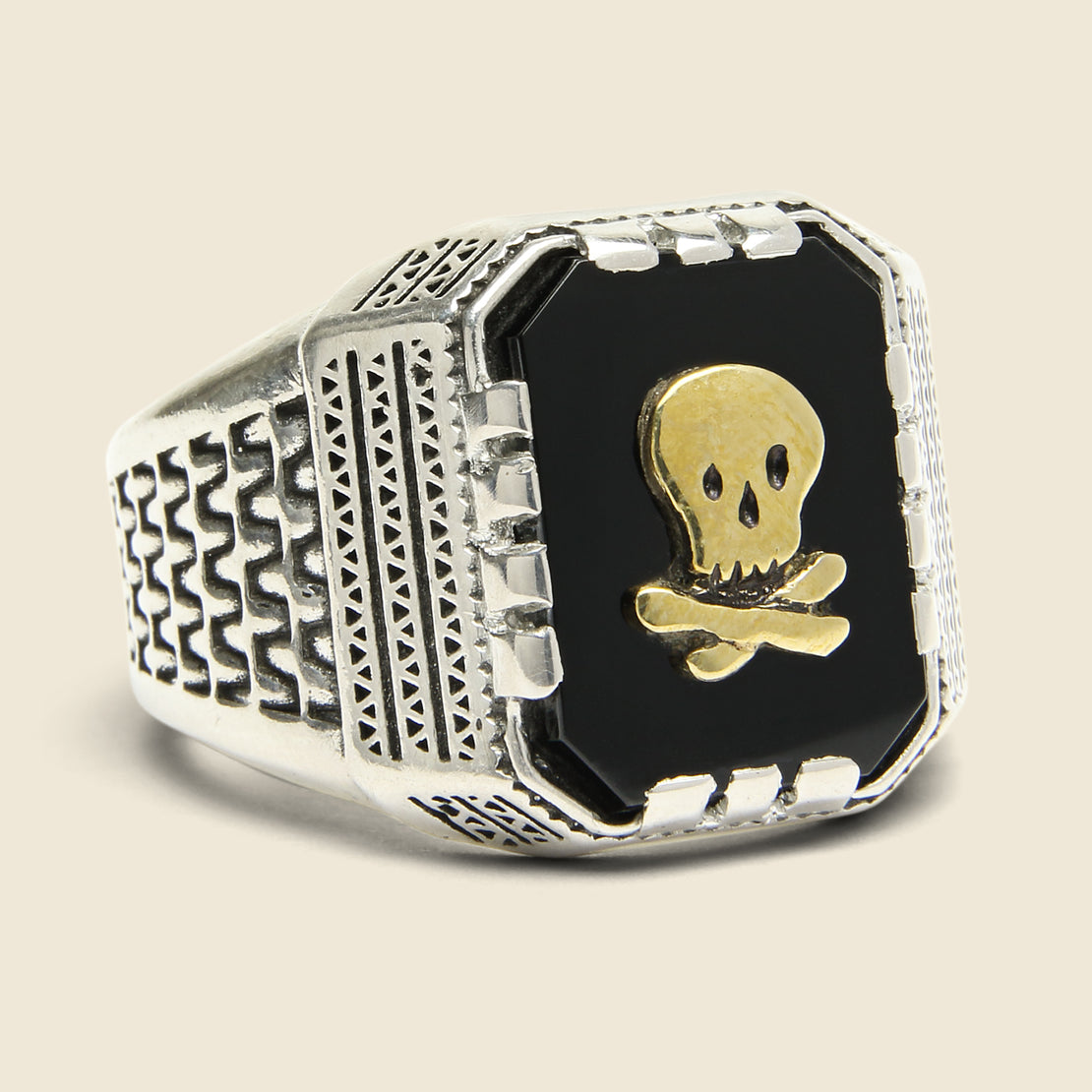 LHN Jewelry Skull Aztec Ring - Silver/Brass/Onyx