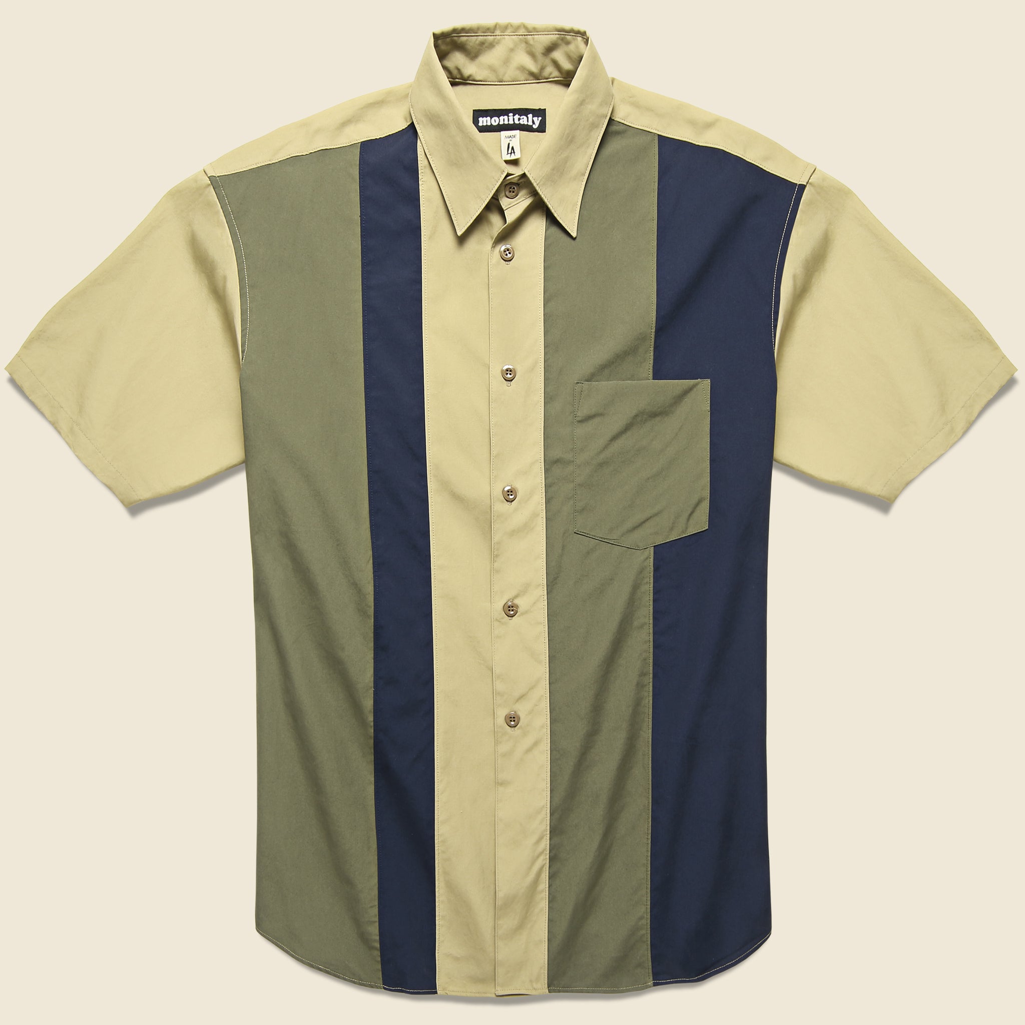 Paneled Shirt - Khaki/Olive/Navy - Monitaly - STAG Provisions - Tops - S/S Woven - Stripe