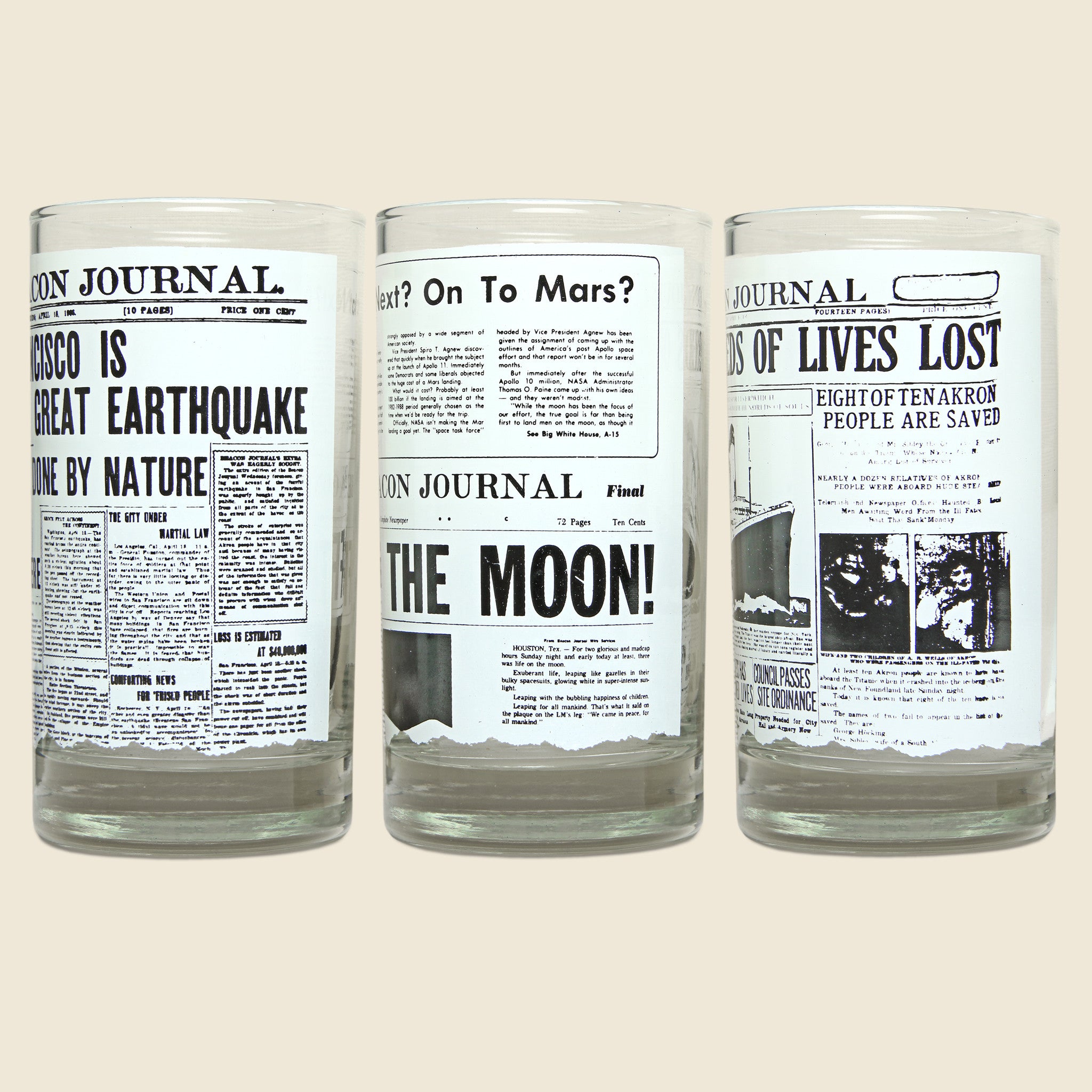 
                          1970s Set of 6 Newspaper Headline Glasses - Vintage - STAG Provisions - One &amp; Done - Barware &amp; Smoking
                        