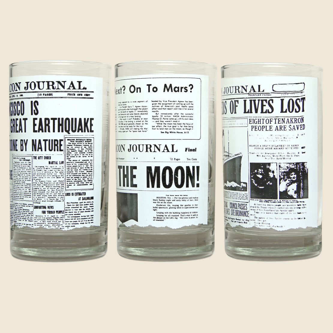 1970s Set of 6 Newspaper Headline Glasses - Vintage - STAG Provisions - One & Done - Barware & Smoking