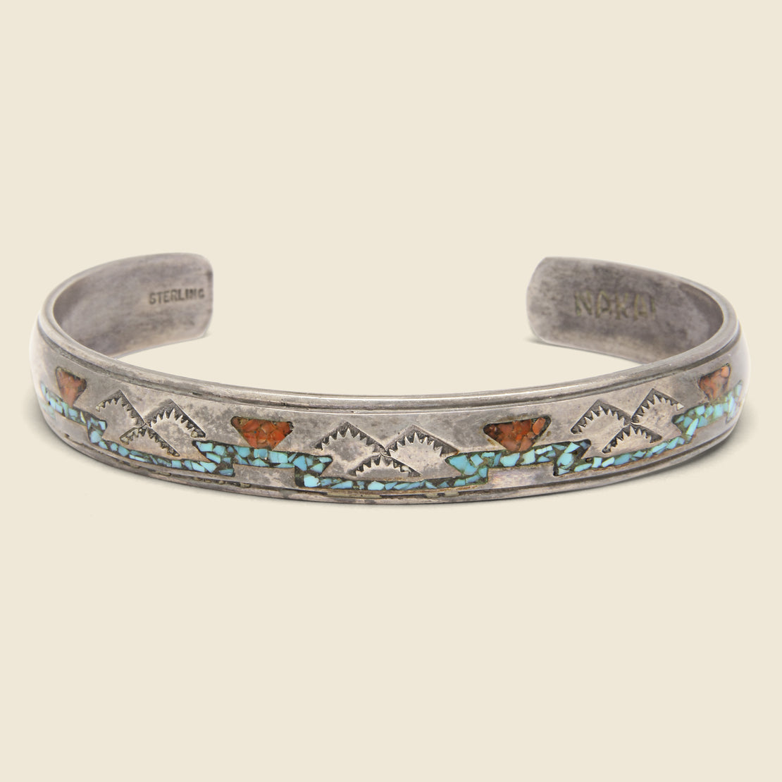 Vintage Stamped Coral & Turquoise Inlay Cuff - Sterling Silver