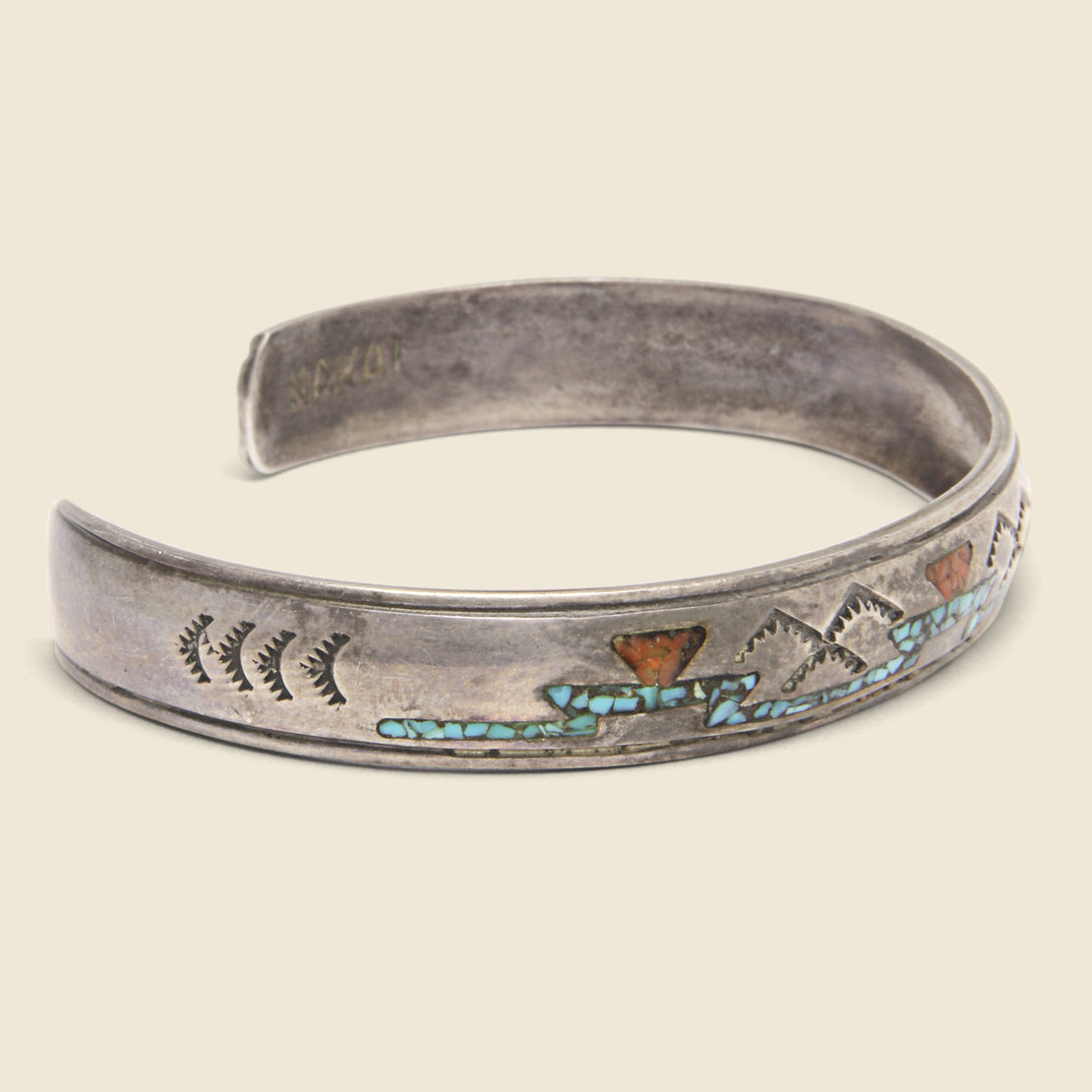 Stamped Coral & Turquoise Inlay Cuff - Sterling Silver