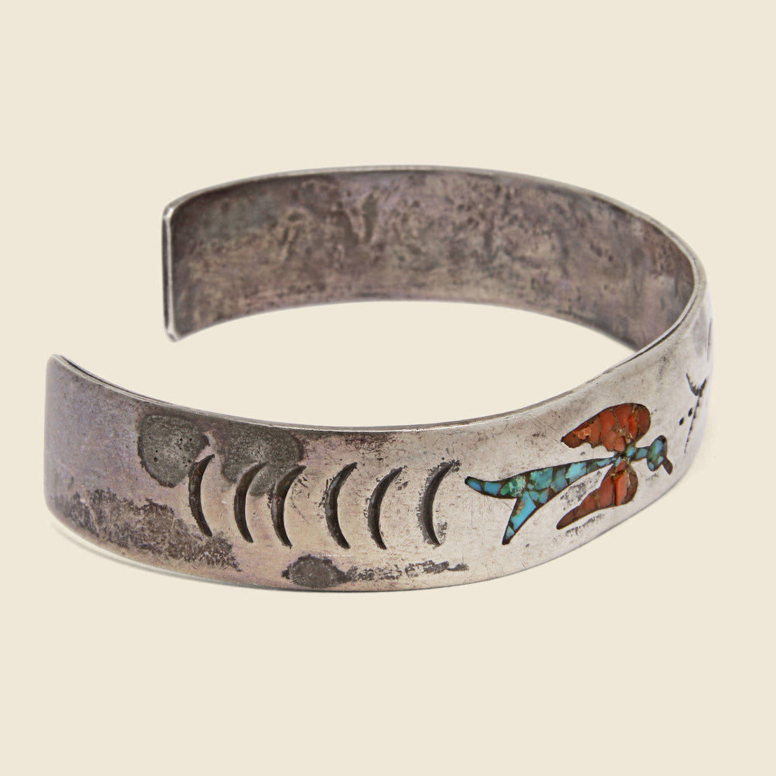 Coral & Turquoise Bird Motif Cuff - Sterling Silver