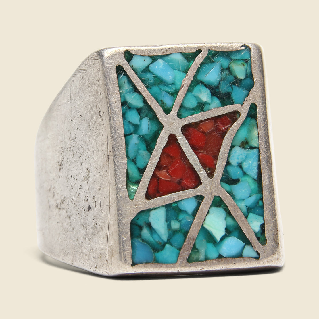 Vintage Crushed Coral & Turquoise Rectangle Ring - Sterling Silver