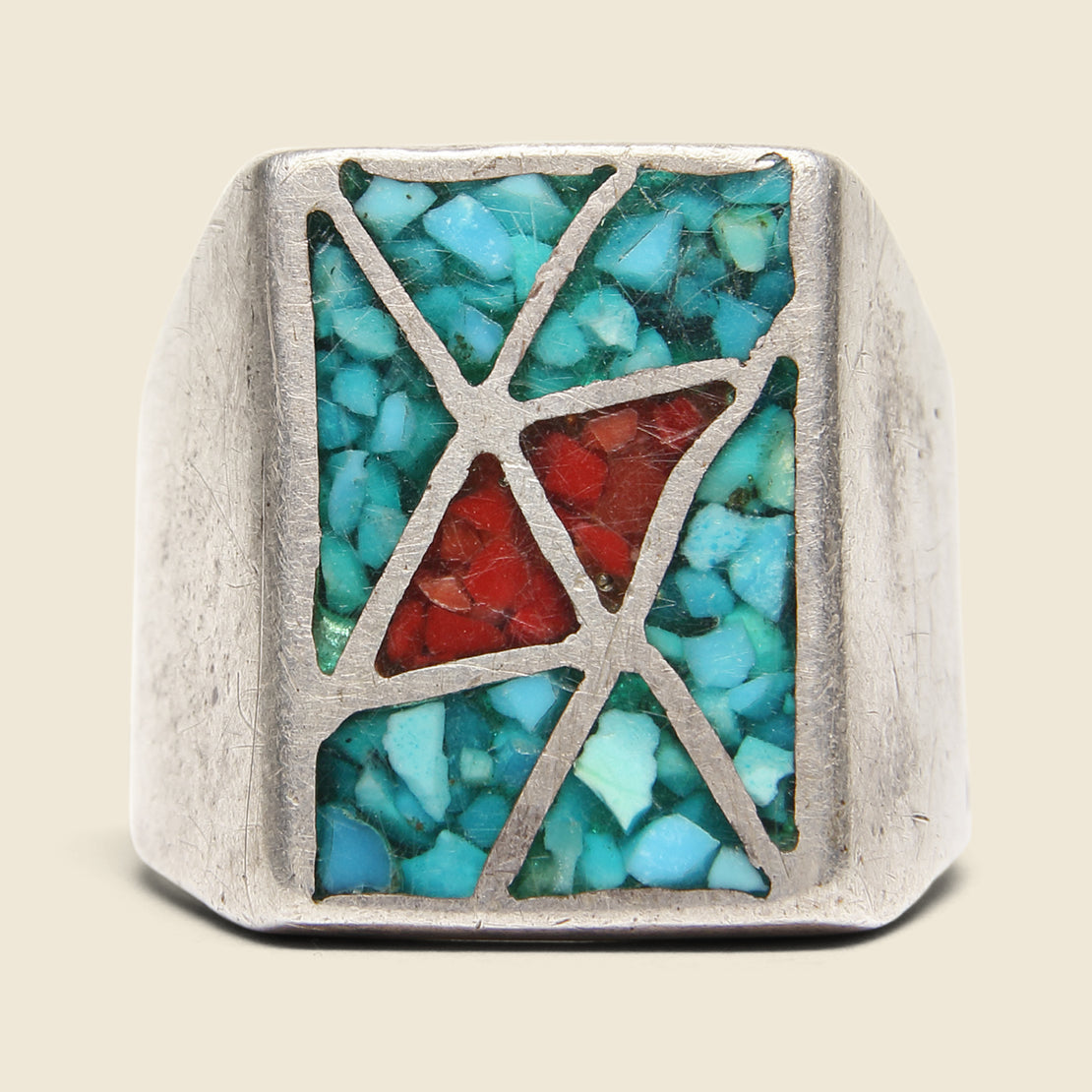 Crushed Coral & Turquoise Rectangle Ring - Sterling Silver - Vintage - STAG Provisions - One & Done - Accessories & Jewelry