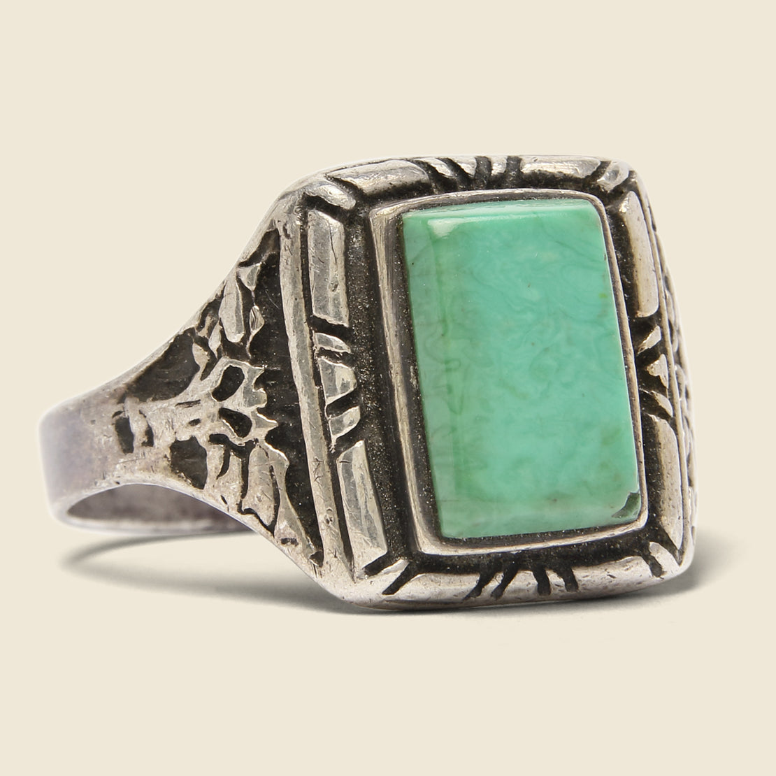 Vintage Hand-Carved Green Turquoise Ring - Sterling Silver
