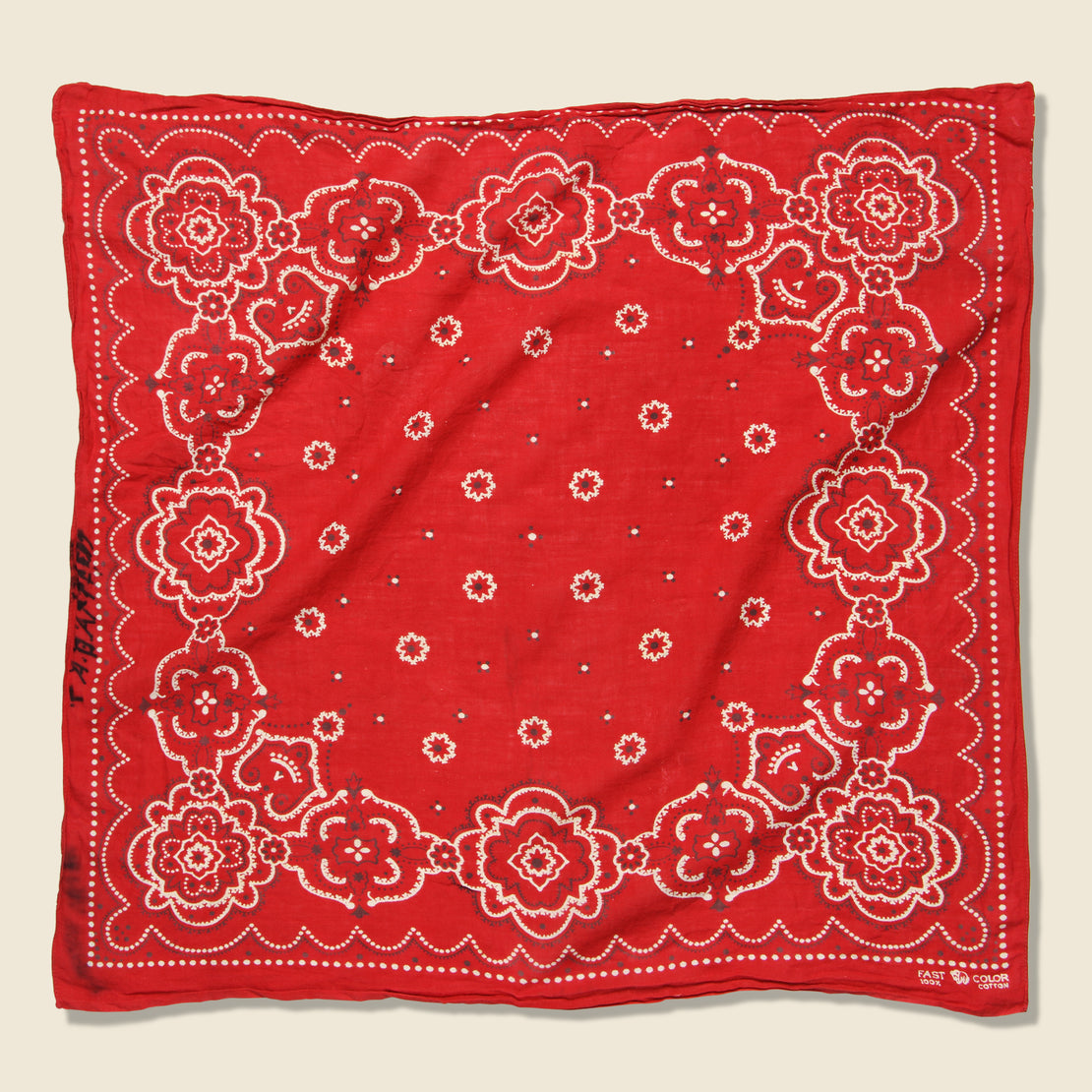 Vintage Fast Color Bandana - Red & White Paisley/Dotted Border