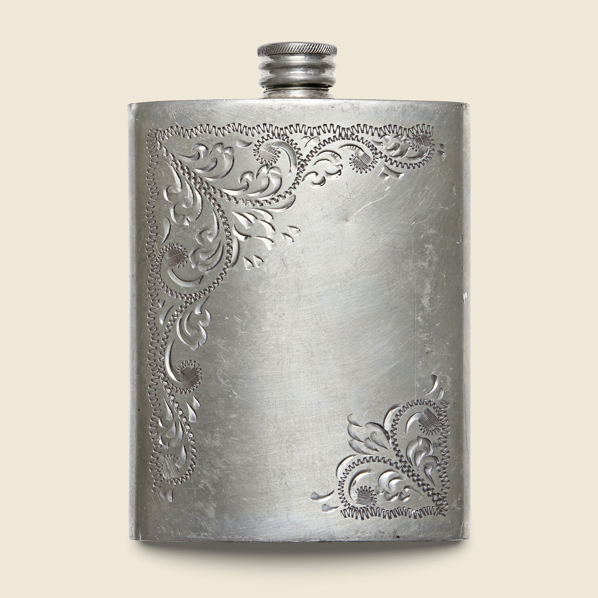 Etched Flask - Pewter - Vintage - STAG Provisions - One & Done - Barware & Smoking