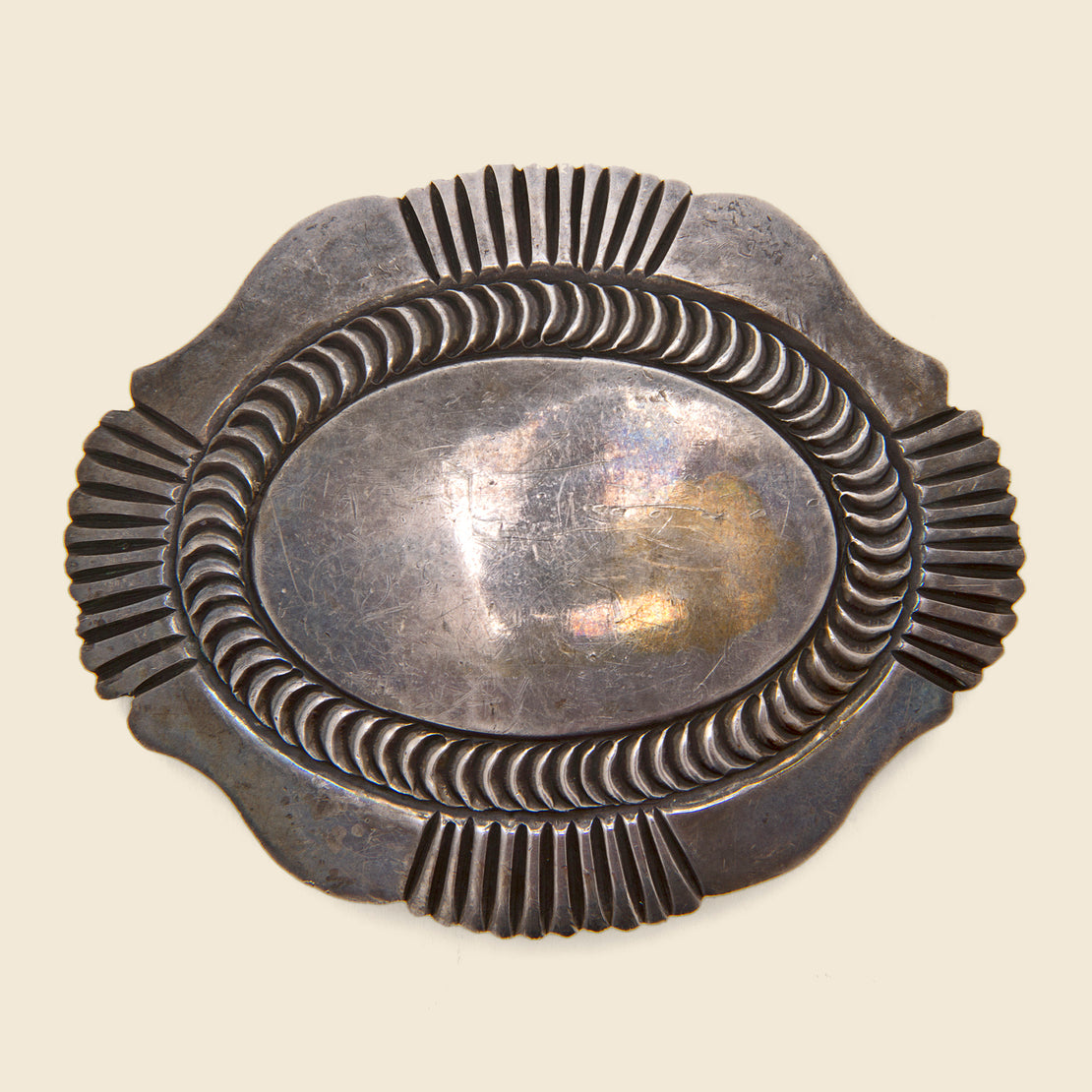Vintage Carved Concho Belt Buckle - Sterling Silver