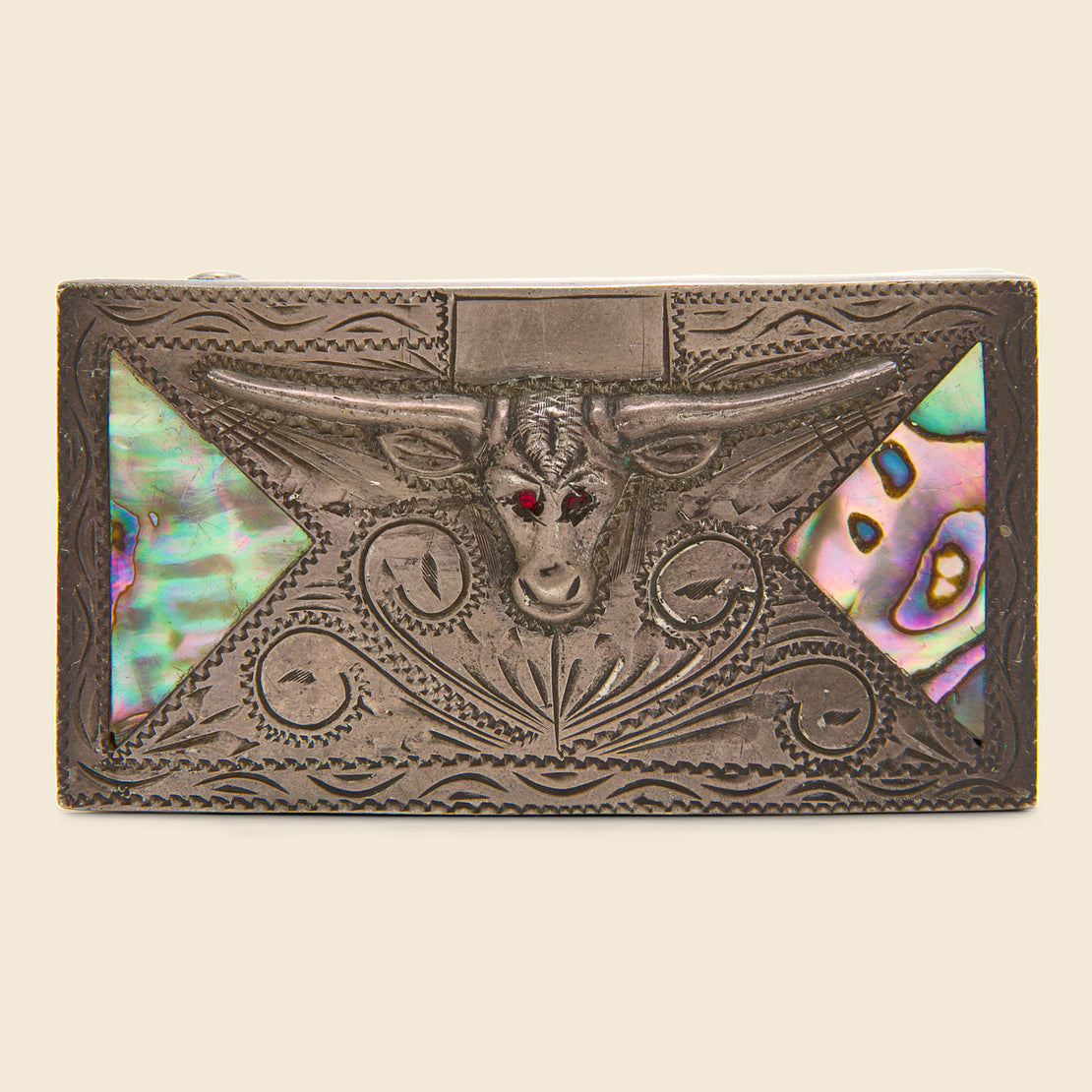Vintage Carved Longhorn Belt Buckle with Abalone Inlay - Sterling Silver