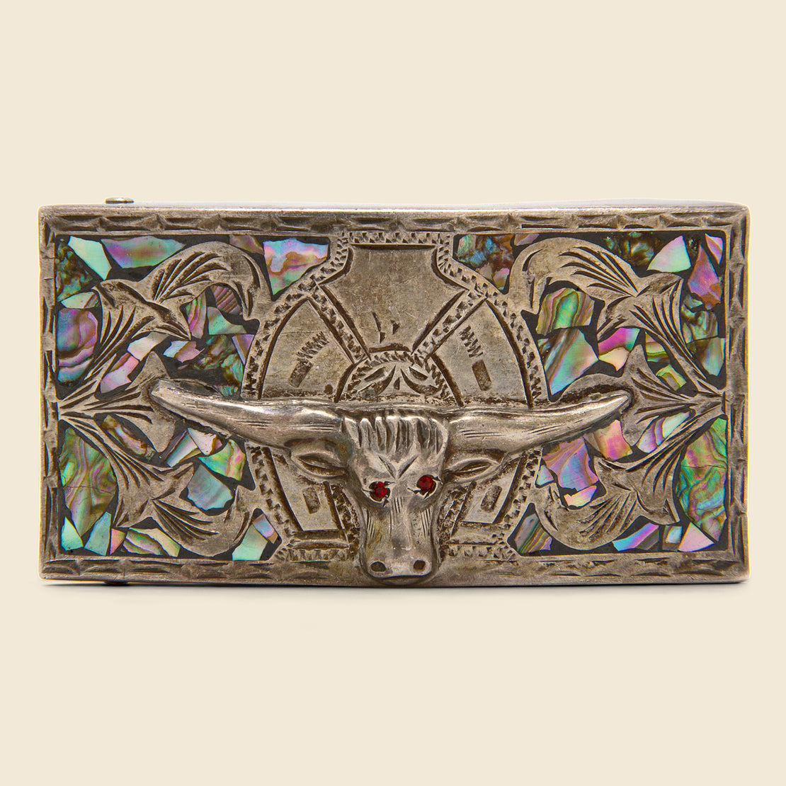 Vintage Longhorn Belt Buckle with Abalone Inlay - Silver