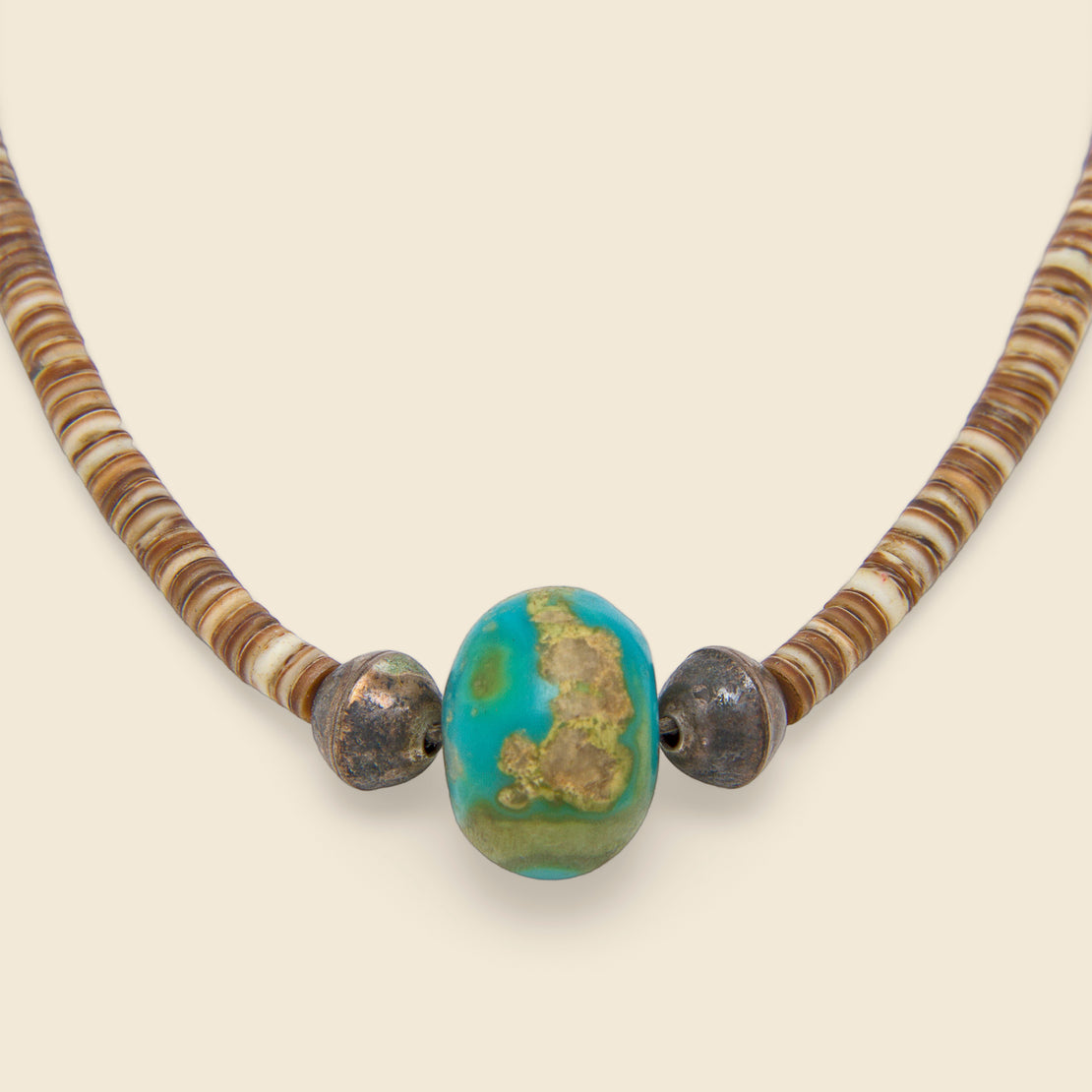 Necklace with Turquoise Pendant - Pin Shell Heishi Bead & Silver