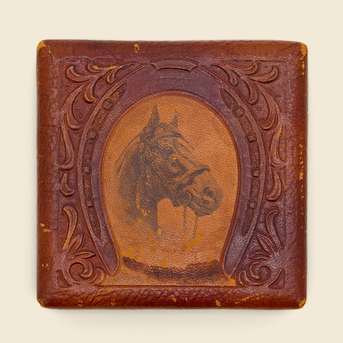 Vintage Tooled Leather Horse Motif Paperweight