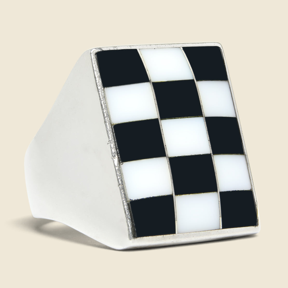Vintage Mother of Pearl & Onyx Checkerboard Ring - Sterling
