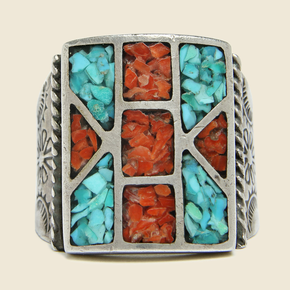 Stamped Sterling & Crushed Turquoise/Coral Ring