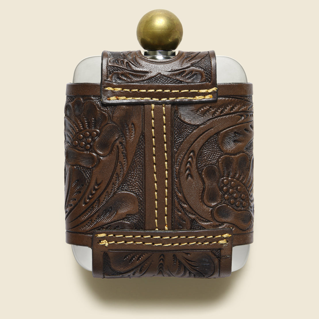 Tooled Leather Hip Flask - Brown