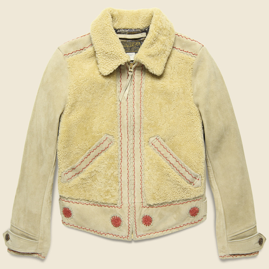 RRL Williams Shearling Embroidered Suede Jacket - Cream