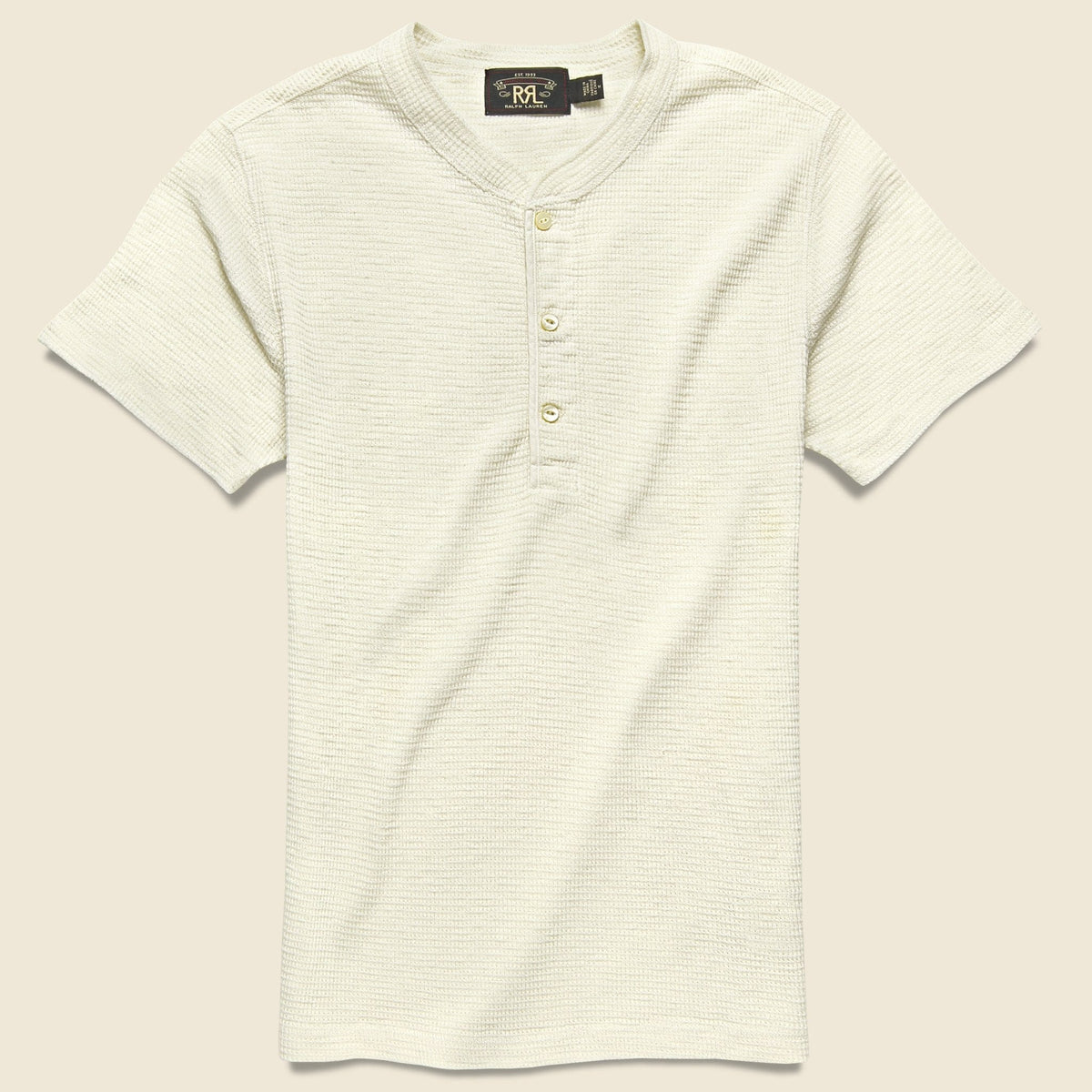 Waffle Henley in Paper White featuring a textured waffle-knit fabric and classic henley neckline.