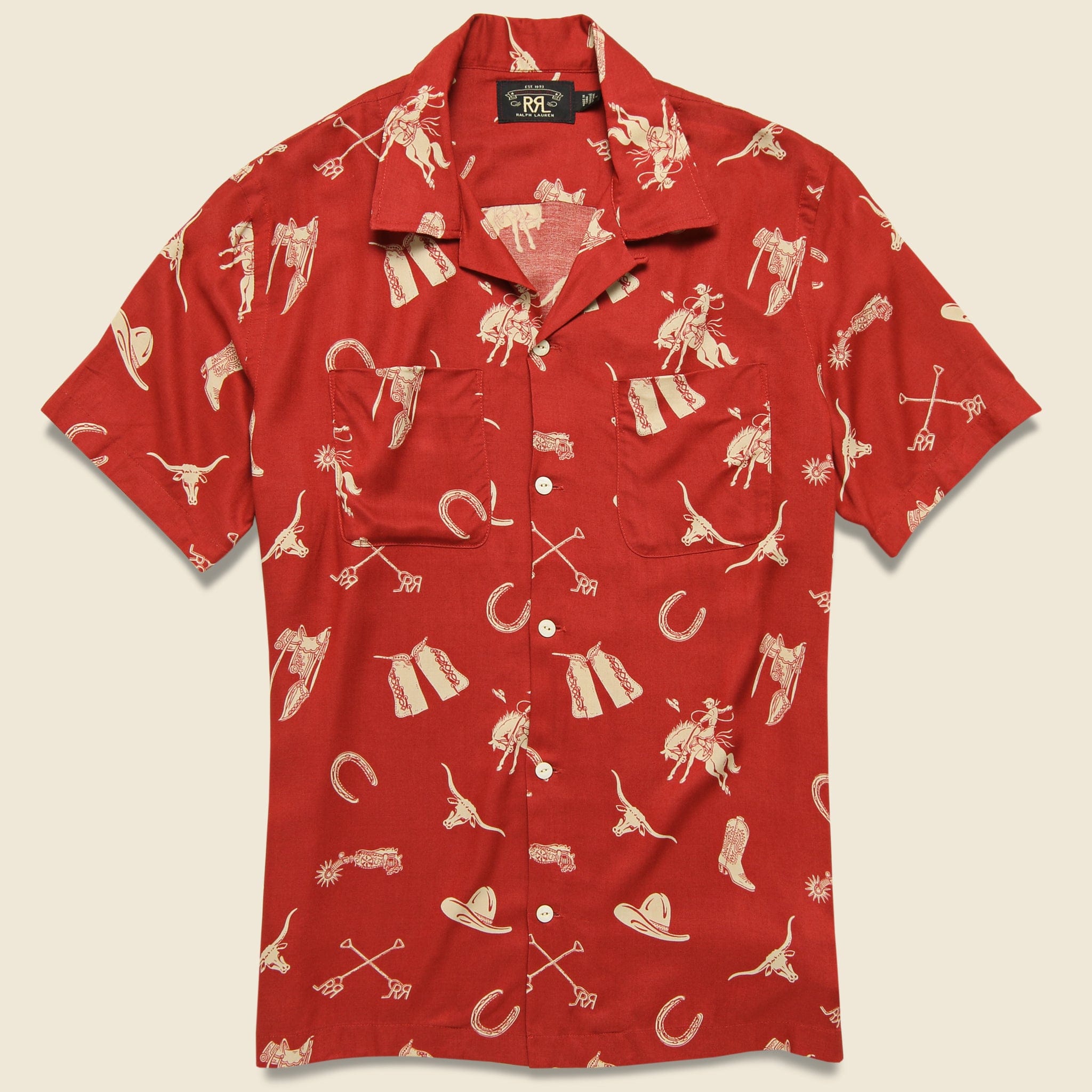 Western Print Rayon Camp Shirt - Red/Cream - RRL - STAG Provisions - Tops - S/S Woven - Other Pattern