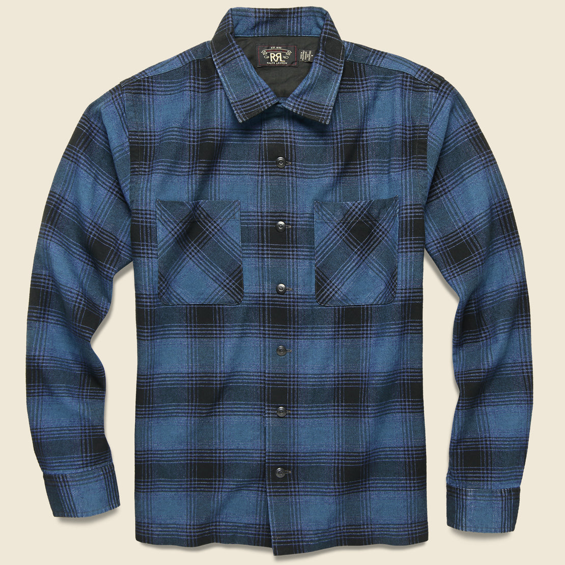 RRL Brushed Towns Camp Shirt - Indigo/Black Ombr‚àö¬© Plaid