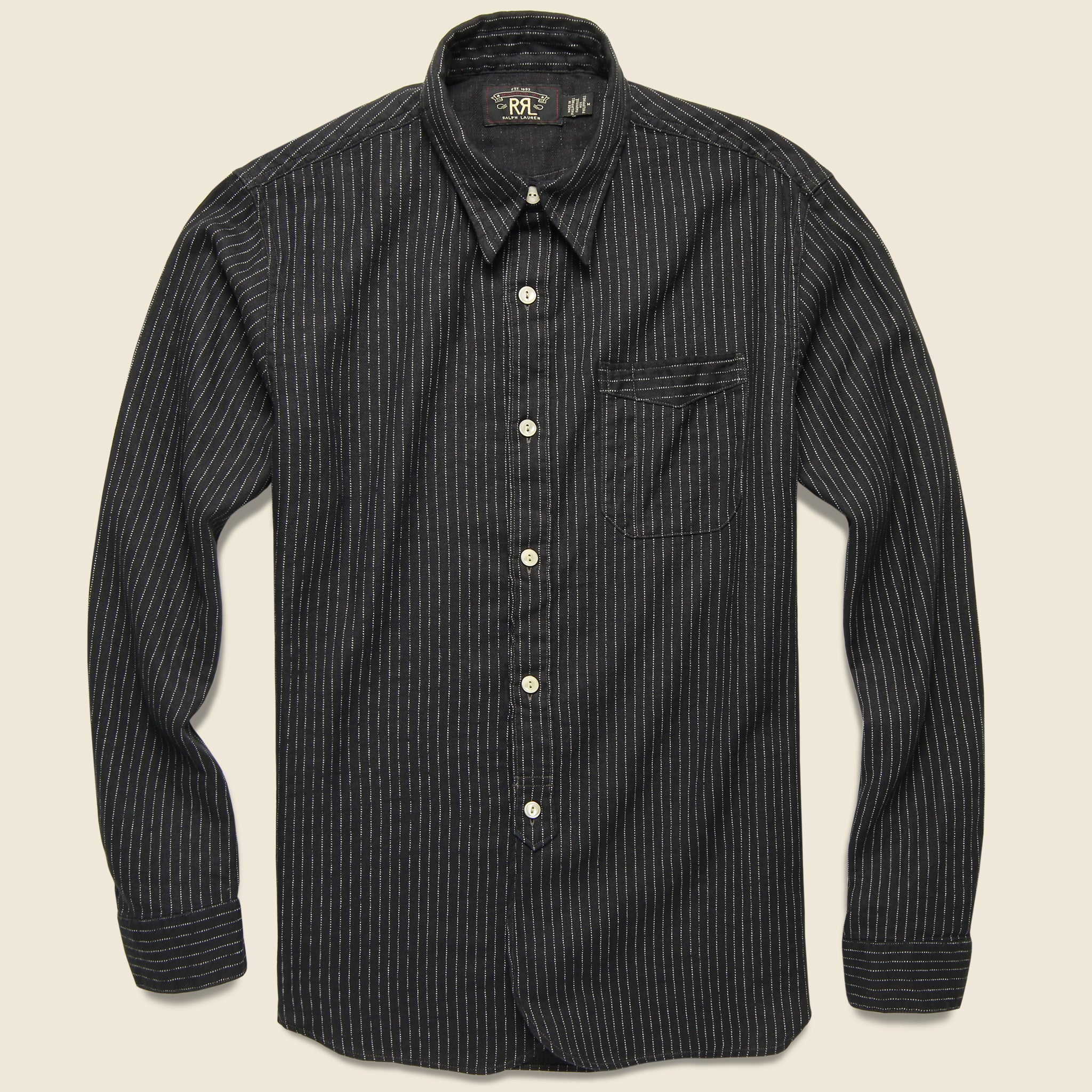 Cotton/Linen Stripe Bulldog Shirt - Sulphur Black/Tan - RRL - STAG Provisions - Tops - L/S Woven - Stripe