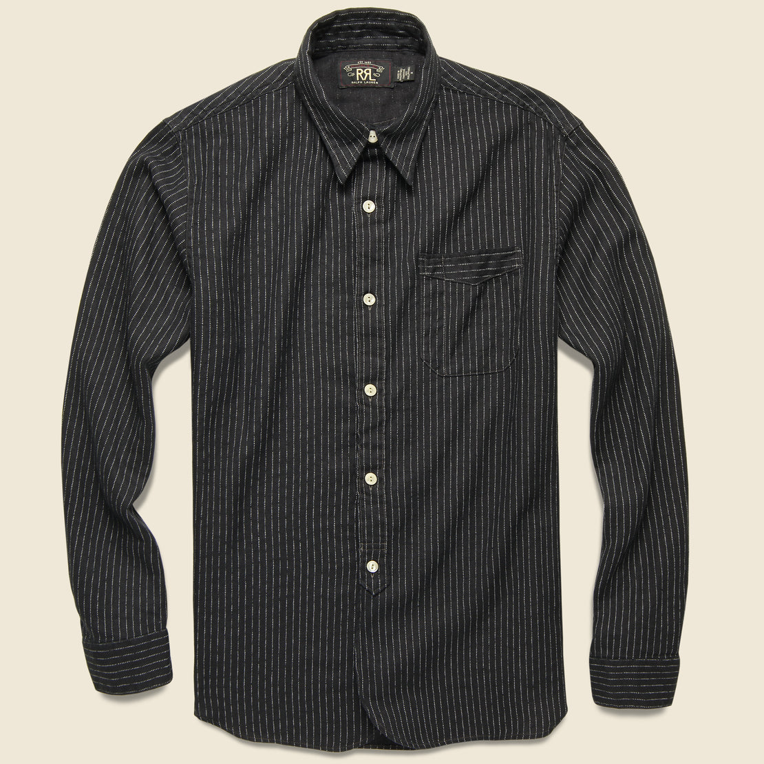 RRL Cotton/Linen Stripe Bulldog Shirt - Sulphur Black/Tan