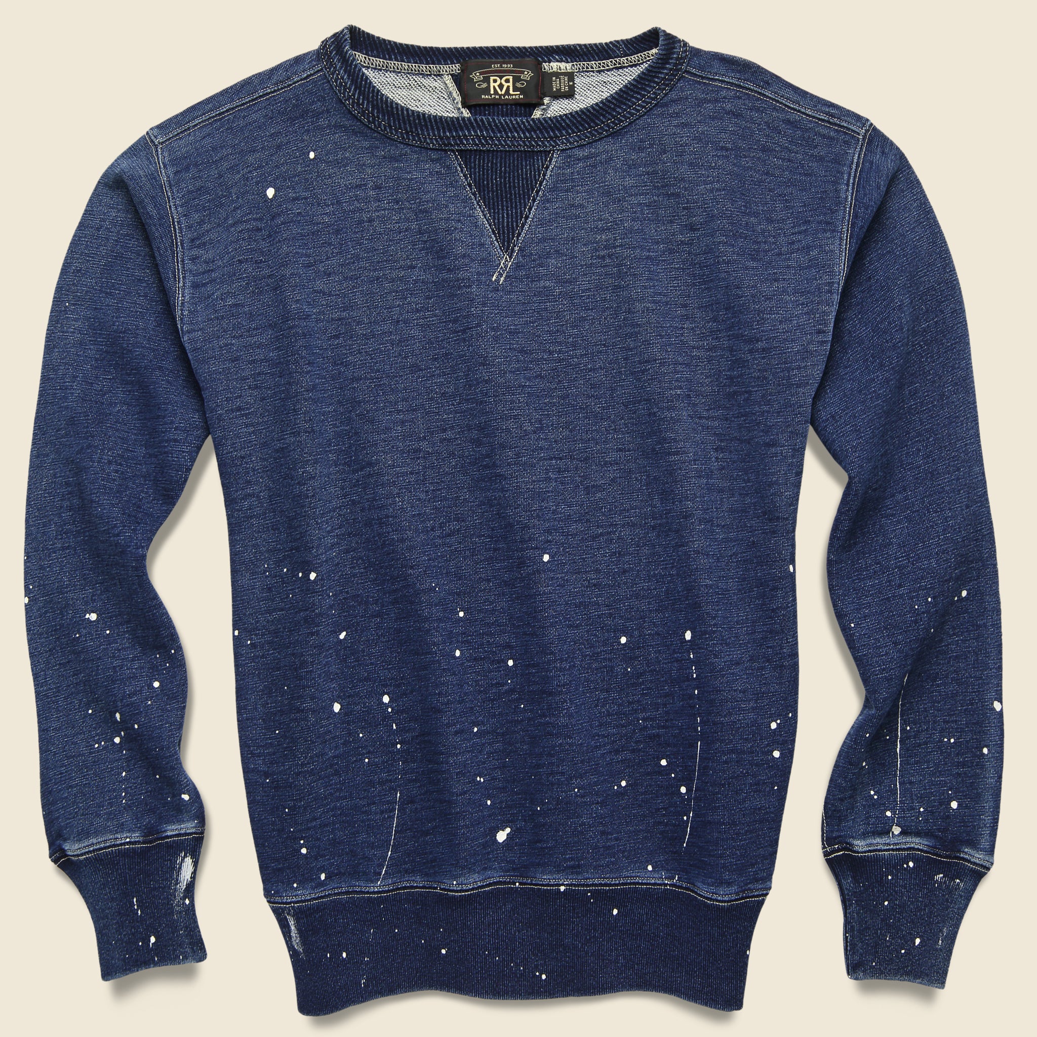 Distressed Double V Crewneck - Washed Blue Indigo - RRL - STAG Provisions - Tops - Fleece / Sweatshirt