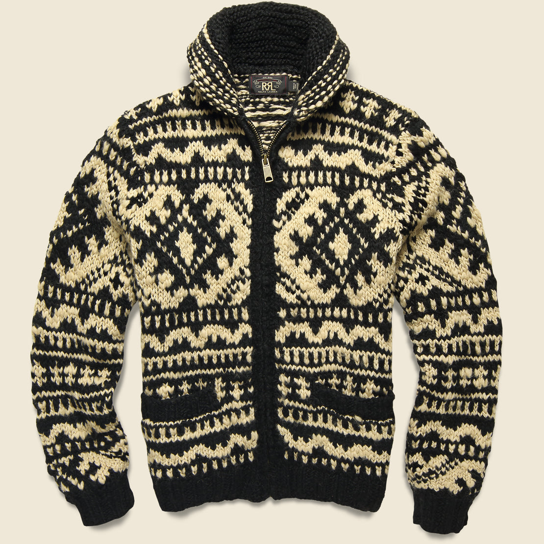 RRL Hand-Knit Wool Full-Zip Sweater - Cream/Black