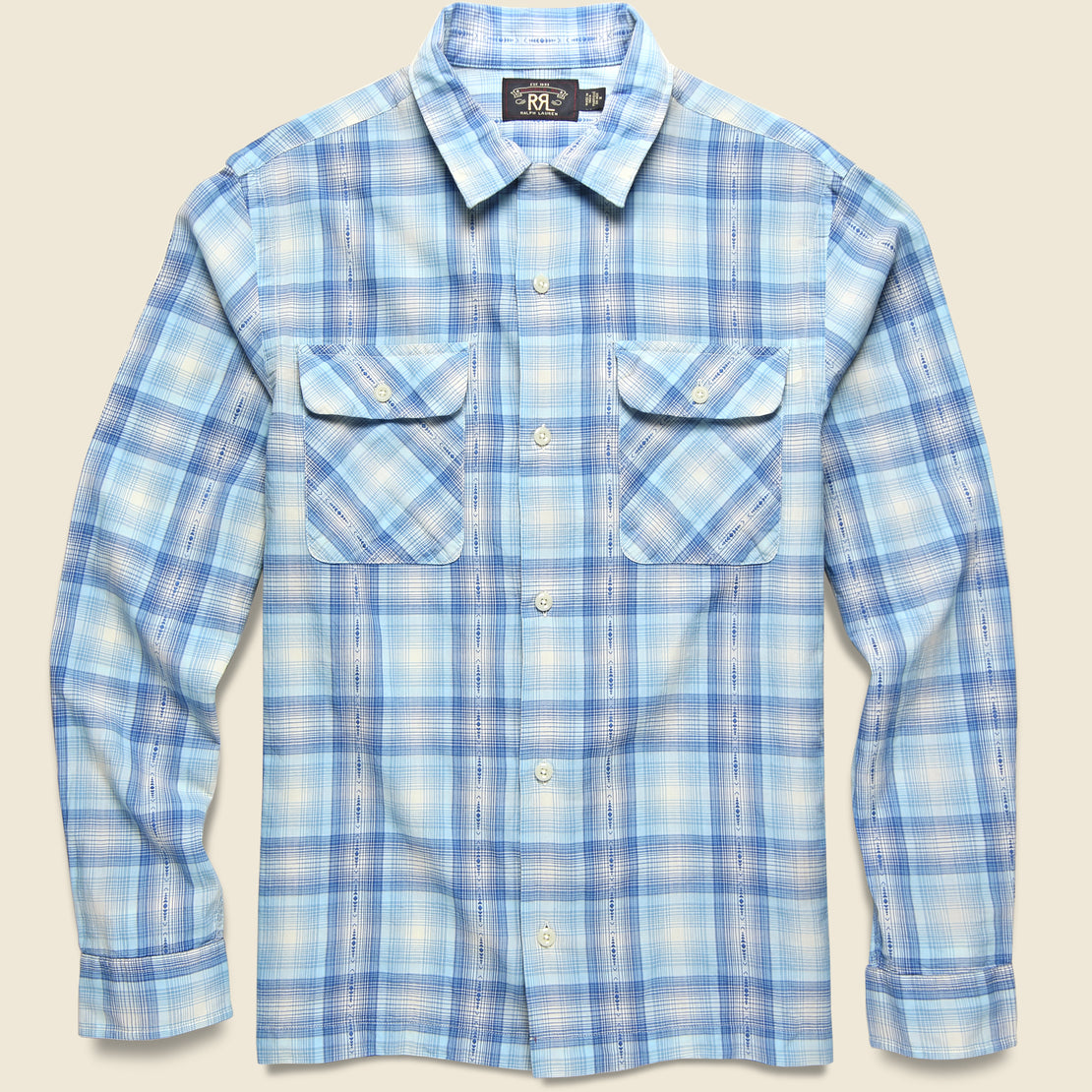 RRL Plaid Twill Camp Shirt - Blue/Cream