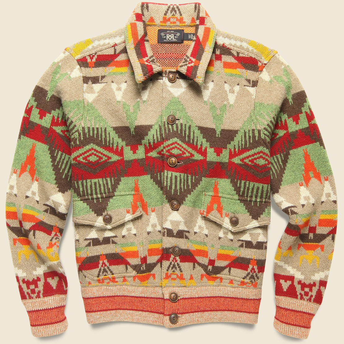 RRL Jacquard Wool Sweater Jacket - Tan/Red/Multi