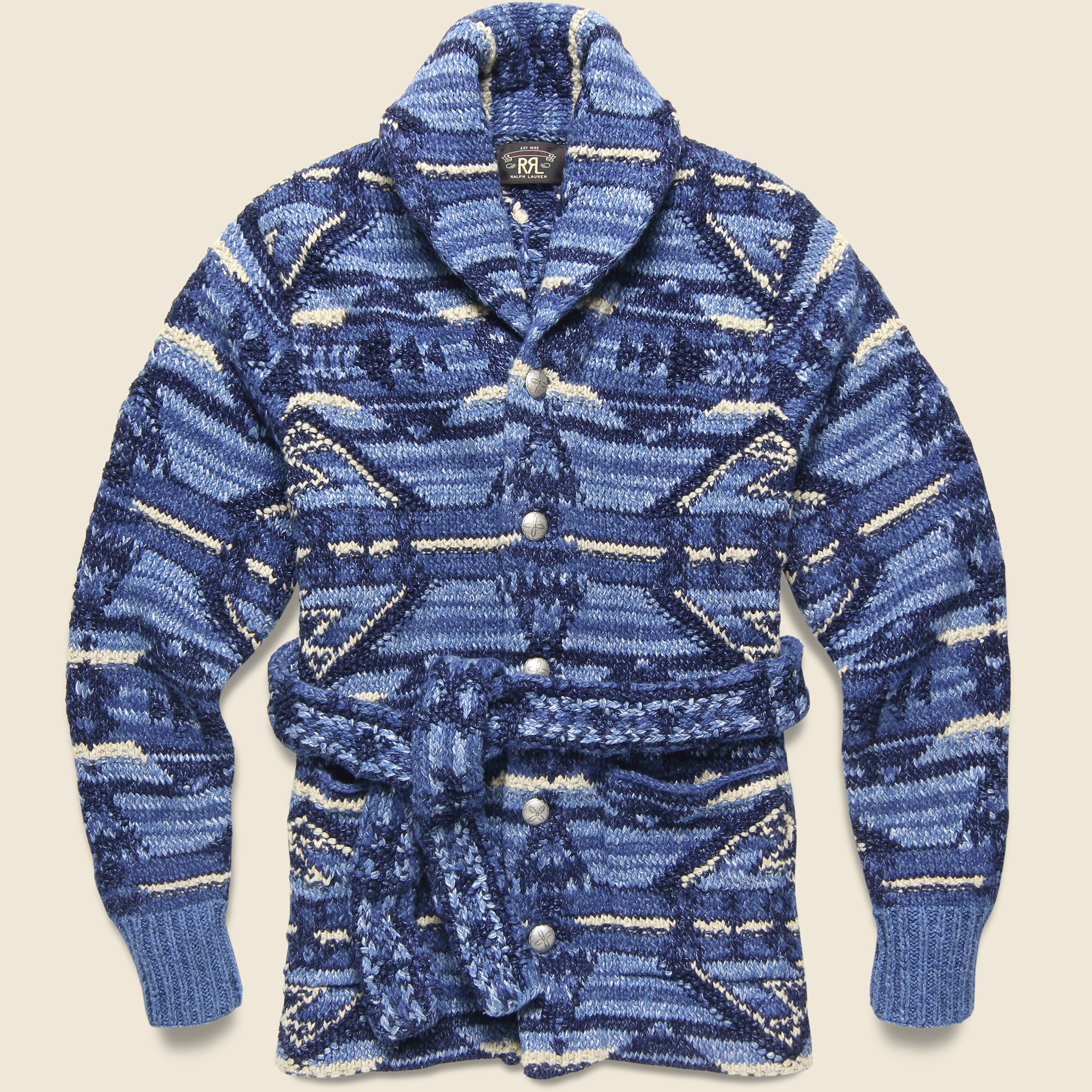 Hand-Knit Ranch Shawl Cardigan - Indigo Multi - RRL - STAG Provisions - Tops - Sweater